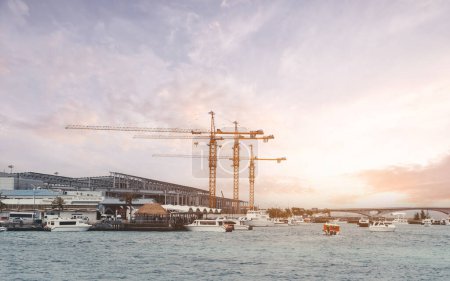 Téléchargez les photos : The capture of three towering yellow cranes standing at a picturesque marina and airport in the Maldives, surrounded by moored yachts. The clouds in the lilac-shade sky provide a beautiful backdrop - en image libre de droit
