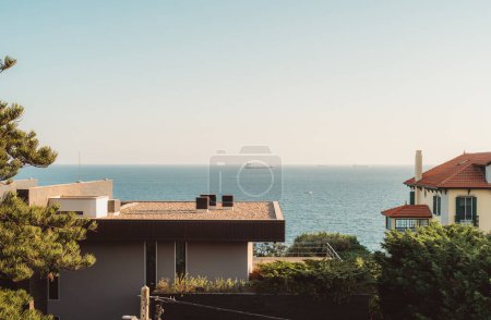 Foto de Vista desde una residencia hasta el hermoso agua de mar con algunos barcos a la deriva en un cielo azul impresionante, las casas cercanas de color neutro rodeadas de flora, pinos con agujas verdes - Imagen libre de derechos