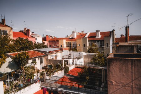 Téléchargez les photos : A stunning summer neighborhood where houses have orange roofs, lush greenery, and cozy verandas; From a rooftop, the clear skies add to the beauty and provide a backdrop for this inviting community - en image libre de droit