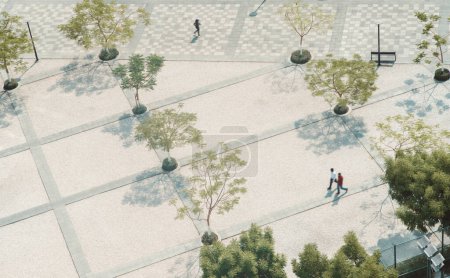 Téléchargez les photos : Vue par drone d'un jardin paysager urbain à Dubaï, avec du calcaire, du granit et du basalte avec des arbres immaculés au feuillage vert, leurs cimes luxuriantes décorant le trottoir et les passants - en image libre de droit