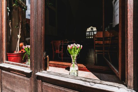 Foto de En un alféizar de ventana de madera, un frasco de vidrio rebosa de agua cristalina, acunando un ramo de tulipanes rosados. Mientras la cálida luz del sol de Praga se filtra a través de la ventana, las flores disfrutan de su suave resplandor. - Imagen libre de derechos
