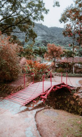 Foto de Un disparo vertical de un puente de metal rojo vivo sobre un estrecho arroyo en entornos tropicales con colinas cubiertas de selva tropical en el fondo y plantas coloridas y un techo de la casa en el centro - Imagen libre de derechos
