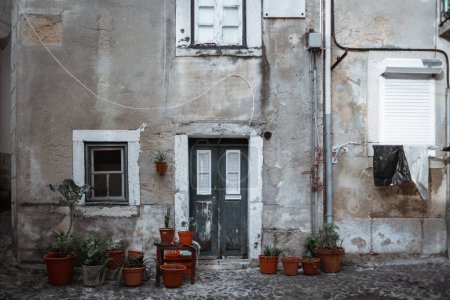 Foto de Una vista frontal de una antigua fachada de casa europea envejecida en escamas con una puerta de madera y ventanas viejas, con un grupo de macetas con plantas en ellas en la piedra de pavimentación en frente de la elevación - Imagen libre de derechos