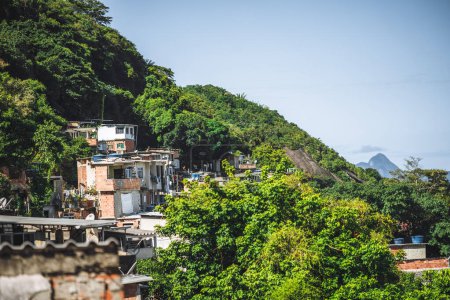 View of Babilonia favela in Leme, Rio, with multicolored houses amid greenery on a steep hill, juxtaposing urban density and lush nature
