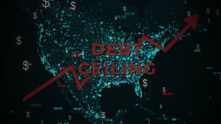Photo for Rising arrow and Debt ceiling crisis in United States America with map background and dollar sign - Royalty Free Image