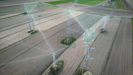 Foto de Pilones de electricidad inteligentes, conectividad nacional de red 5G, concepto IOT. Gráfico 2D - Imagen libre de derechos