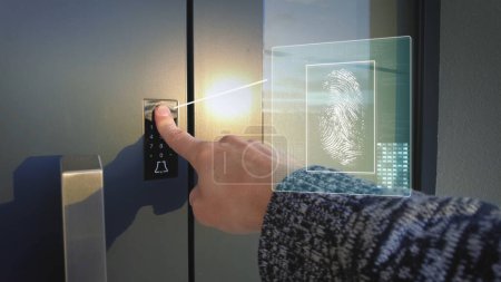 Photo for Smart home, fingerprint recognition technology, unlocking door concept. Graphics - Royalty Free Image