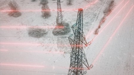 Schneesturm verursacht Stromausfall mit Animation von fehlerhaften Kabeln und Leitungen vom Sender, die die elektrische Übertragung unterbrochen haben. Grafik