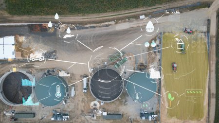 Photo for Aerial view of biogas plant farm. Renewable sustainable green energy from biomass, graphics and statistic show the sustainability of the municipal waste project - Royalty Free Image