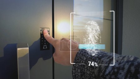 Numérisation d'empreintes digitales pour déverrouiller la porte principale et accéder à une maison intelligente. sécurité accès contrôle futuriste identification personnelle identification numérique identification biométrique authentification