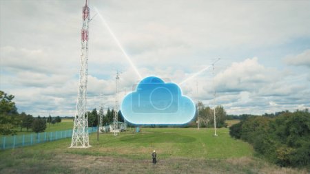 Téléchargez les photos : Ingénieur informatique en nuage, concept de technologie de transfert de données 5G, graphique 3D - en image libre de droit