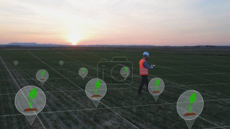 Ecological engineer technology concept, digitalisation checking agriculture crop