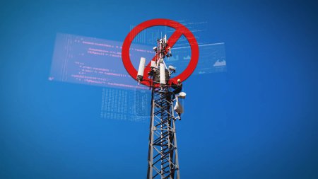 Photo for Service Engineer works on Malfunction of 5G 6G Telecom Tower Antenna with digital error message overlays - Royalty Free Image
