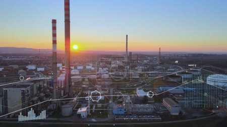 Photo for Metallurgic Industry Concept with Graphics. Aerial View of Modern Factory at Sunset and Animated Infographics - Royalty Free Image