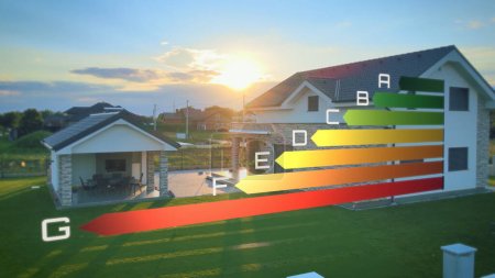 Smart Home mit Grafik der Energieeffizienzklassen. Geringer Stromverbrauch