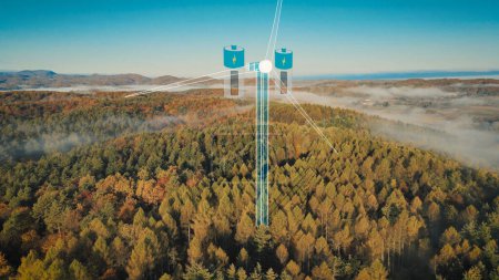 Photo for Digital wind turbine hologram generate electricity through wind energy. Aerial - Royalty Free Image