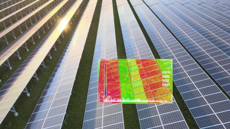 Téléchargez les photos : Inspection des panneaux solaires par caméra thermique à drone. Analyser les cellules photovoltaïques. rendu 3D - en image libre de droit