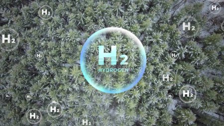 Téléchargez les photos : Icônes hydrogène H2 sur les bois verts ECO. Concept d'innovation technologique renouvelable zéro émission. Graphique 3D - en image libre de droit