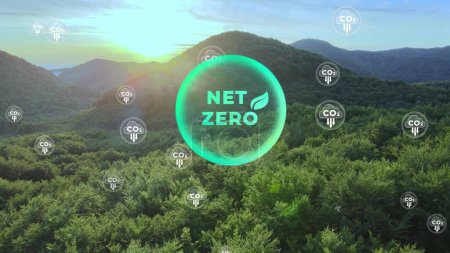 Nachhaltiges Netto-Null-Umweltkonzept mit abnehmenden CO2-Ikonen in grüner, umweltfreundlicher Landschaft. 3D-Grafik, Antenne
