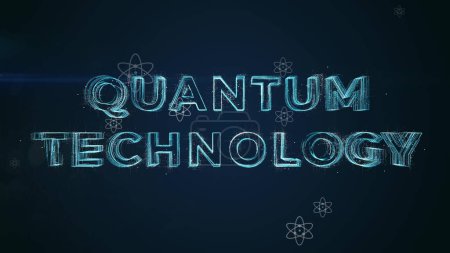Foto de Texto de tecnología cuántica con átomos de partículas en el espacio vacío con representación 3D del logotipo escrito. Gráfico - Imagen libre de derechos