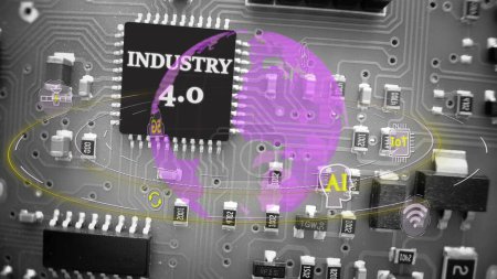 Fourth Industrial Revolution on microchip motherboard. Global connection fast internet and artificial intelligence. Industry 4.0 smart automation futuristic society concept