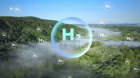 H2-Wasserstoffmoleküle als zukünftiger Treibstoff für eine saubere Energiewende im Nullemissionsszenario. Antenne mit 3D-Grafik über grünem Ökowald