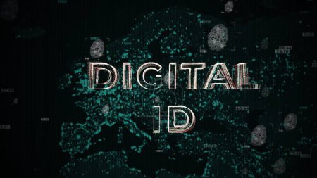 Identidad Digital Europea con huellas dactilares en el mapa de la UE como fondo. Digital ID cartera futuro concepto