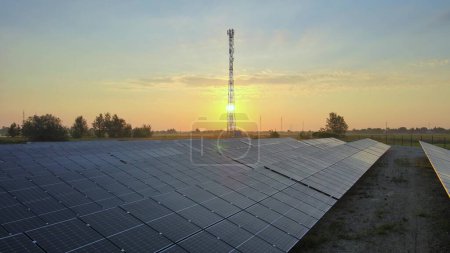 Photovoltaic solar panels at solar farm during golden hour with 5G telecom tower in the background