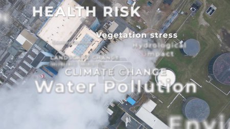 Text animation over industry factory covered with smoke: CO2 emission, water pollution, climate change environmental disaster, health risk. Aerial top-down drone shoot