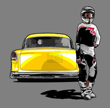 Ilustración de Damas ciclistas y coches clásicos - Imagen libre de derechos
