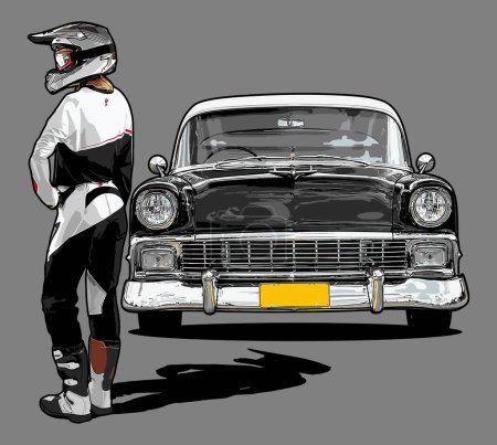 Ilustración de Damas ciclistas y coches clásicos - Imagen libre de derechos