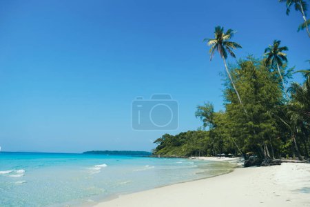 Schöner Strand mit Palmen und türkisfarbenem Meer auf der Insel Koh Kood, Thailand. Tropischer Meeresstrand mit Sand und Kokospalmen klaren blauen Himmel Hintergrund. Sonniger weißer Sandstrand Sommerurlaub und tropisches Strandkonzept.