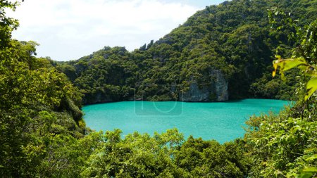 Photo for Landscape bird eye view Thale Nai or Blue Lagoon (Emerald Lake) beautiful nature landscape green sea in the middle of mountain part of Ang Thong National Park, Surat Thani, Thailand - Royalty Free Image