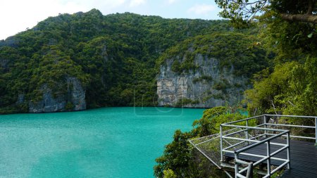 Photo for Landscape bird eye view Thale Nai or Blue Lagoon (Emerald Lake) beautiful nature landscape green sea in the middle of mountain part of Ang Thong National Park, Surat Thani, Thailand - Royalty Free Image