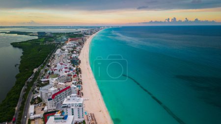 Photo for Aerial of Cancun Mexico riviera Maya drone fly above hotel zone with white sand tropical Caribbean Sea beach - Royalty Free Image