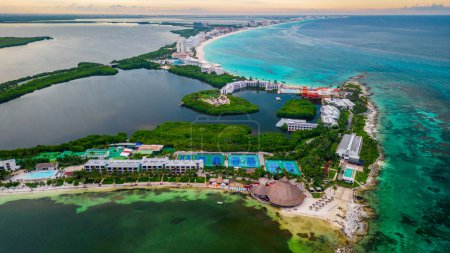 Photo for Aerial of Cancun Mexico riviera Maya drone fly above hotel zone with white sand tropical Caribbean Sea beach - Royalty Free Image