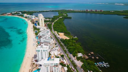 cancun aerial of hotel zone district famous travel holiday destination Mexican Caribbean Sea Riviera Maya