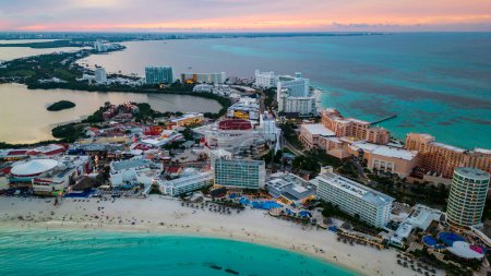 Photo for Aerial cancun hotel zone at sunset travel holiday destination with resort and Caribbean Sea tropical beach - Royalty Free Image
