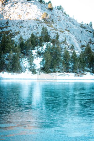 Foto de Lago de montaña congelado en invierno con árboles de montaña y nieve en el fondo - Imagen libre de derechos