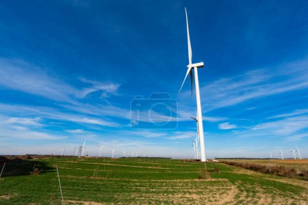 Wind Turbine on Green Field Against Clear Blue Sky