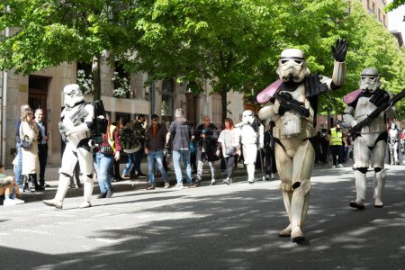 Photo for 15- storm trooper, clone trooper, 501 st legion pink waving. on the street Spain, Europe - Royalty Free Image