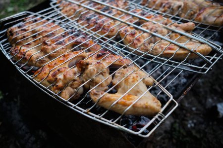 Foto de Barbacoa a la parrilla carne de pollo. Sabrosas patas de pollo y alas en la parrilla con llamas de fuego. - Imagen libre de derechos