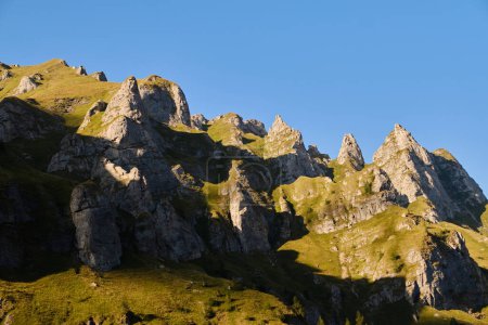 Foto de Disparo capturando el hermoso terreno de montaña en el Parque Nacional Bucegi al atardecer. Paisaje de montaña con prado verde y rocas afiladas. - Imagen libre de derechos