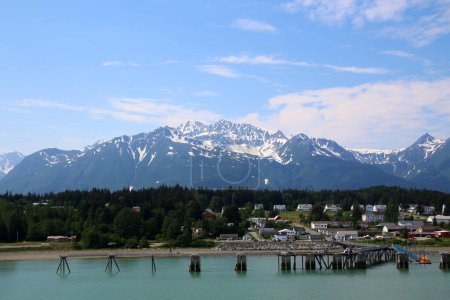 View of Haines from Chilkoot Inlet and mountains in the background, Alaska, United States   