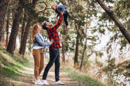 Téléchargez les photos : Jeune famille avec petit fils en forêt - en image libre de droit