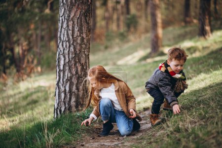 Photo for Girl with her little brother together in forest - Royalty Free Image