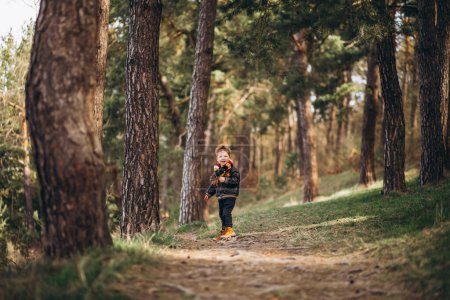 Photo for Cute little boy in forest alone - Royalty Free Image