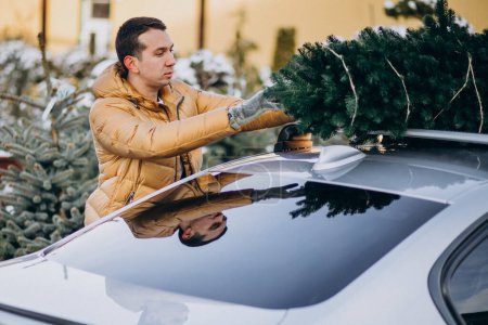 Foto de Hombre guapo asegurando el árbol de Navidad al coche - Imagen libre de derechos