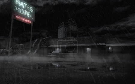 Motel effrayant hanté la nuit avec pluie, enseigne au néon et voiture garée. Illustration 3D