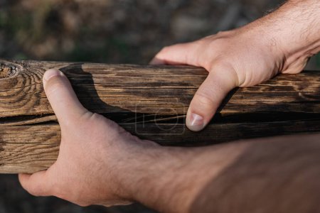 Photo for Hands of a middle-aged man holding a wooden log outdoors with natural light. Vertical photography - Royalty Free Image